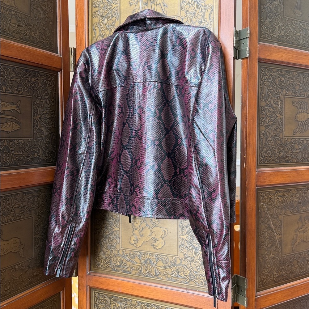 Faux Leather Moto Jacket Black Python Print Zip-U… - image 10